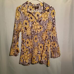 Vintage Brown and Yellow Floral Swirl Button-Up Blouse – 70s Retro Vibe Top